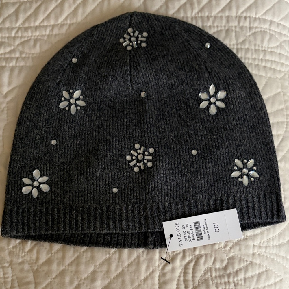 Gray Knit Beanie with Floral Accents
